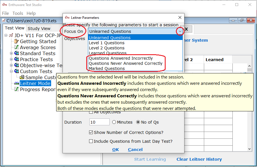 Customise Leitner Mode to go through specific questions